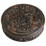 A CHINESE TORTOISE-SHELL CIRCULAR BOX AND COVER 19TH CENTURY, CIRCA 1840 carved in relief with a