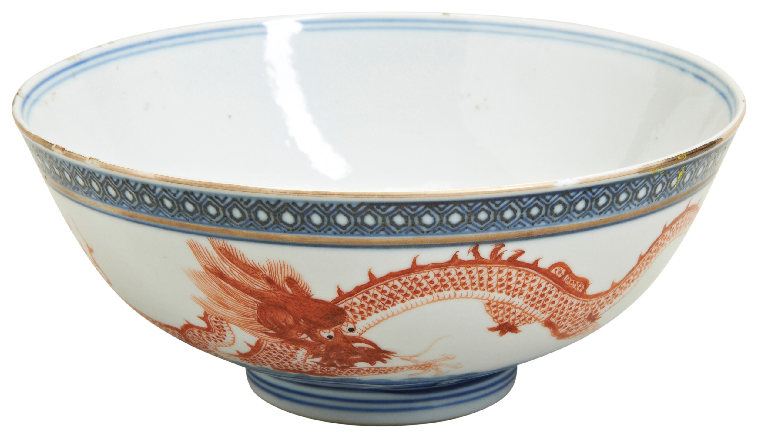 AN UNDERGLAZE BLUE AND COPPER-RED 'DRAGON' BOWL LATE QING DYNASTY with an apocryphal Qianlong six
