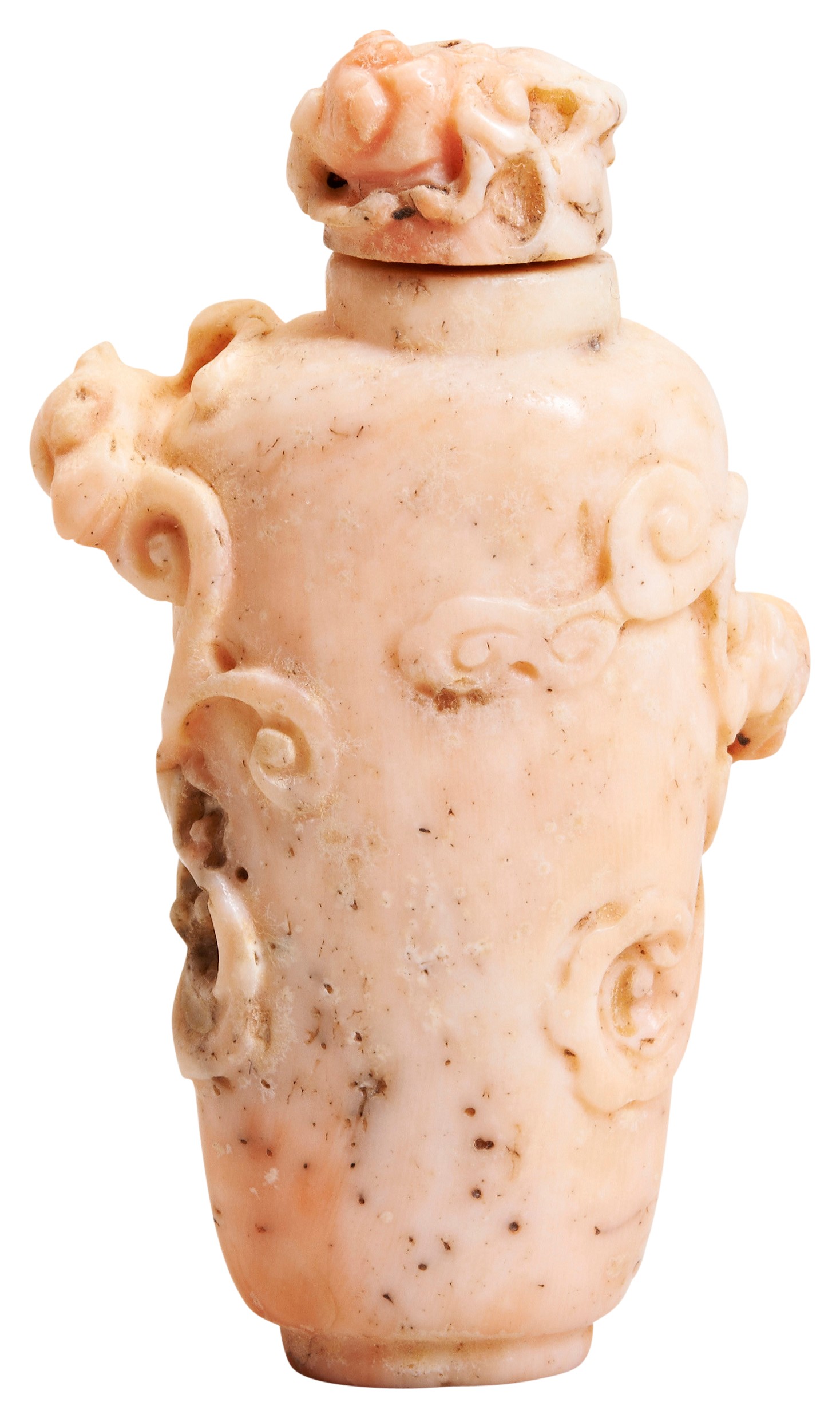 A CARVED CORAL SNUFF BOTTLE  QING DYNASTY, 19TH CENTURY  a pinkish coral snuff bottle with carved - Image 2 of 2