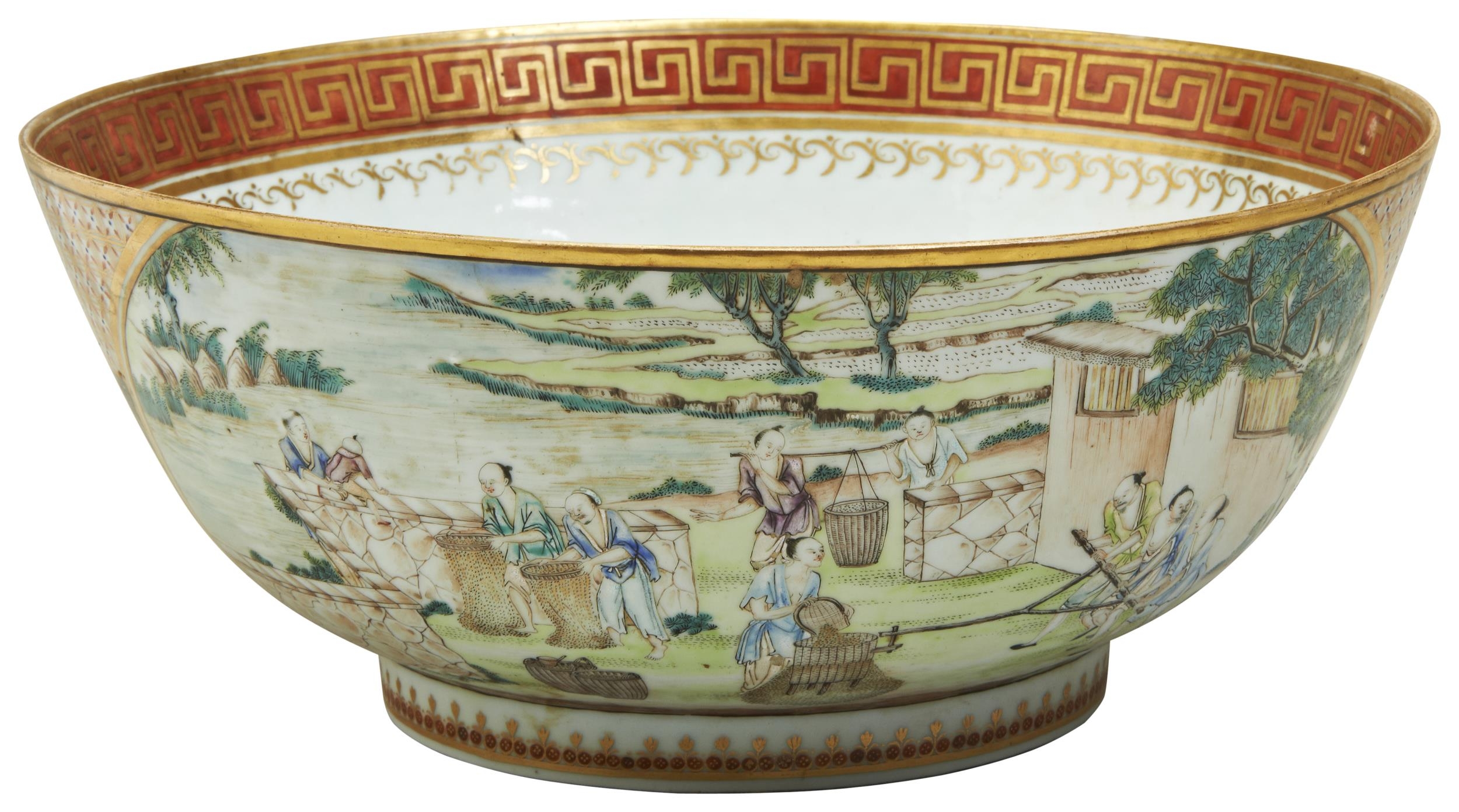 AN EXTREMELY RARE CHINESE EXPORT 'RICE PRODUCTION & SILK PRODUCTION' BOWL QIANLONG PERIOD (1736- - Image 2 of 3