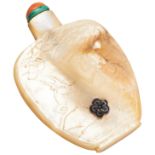 A MOTHER AND PEARL SNUFF BOTTLE WITH A CORAL STOPPER carved WITH deer and flower.