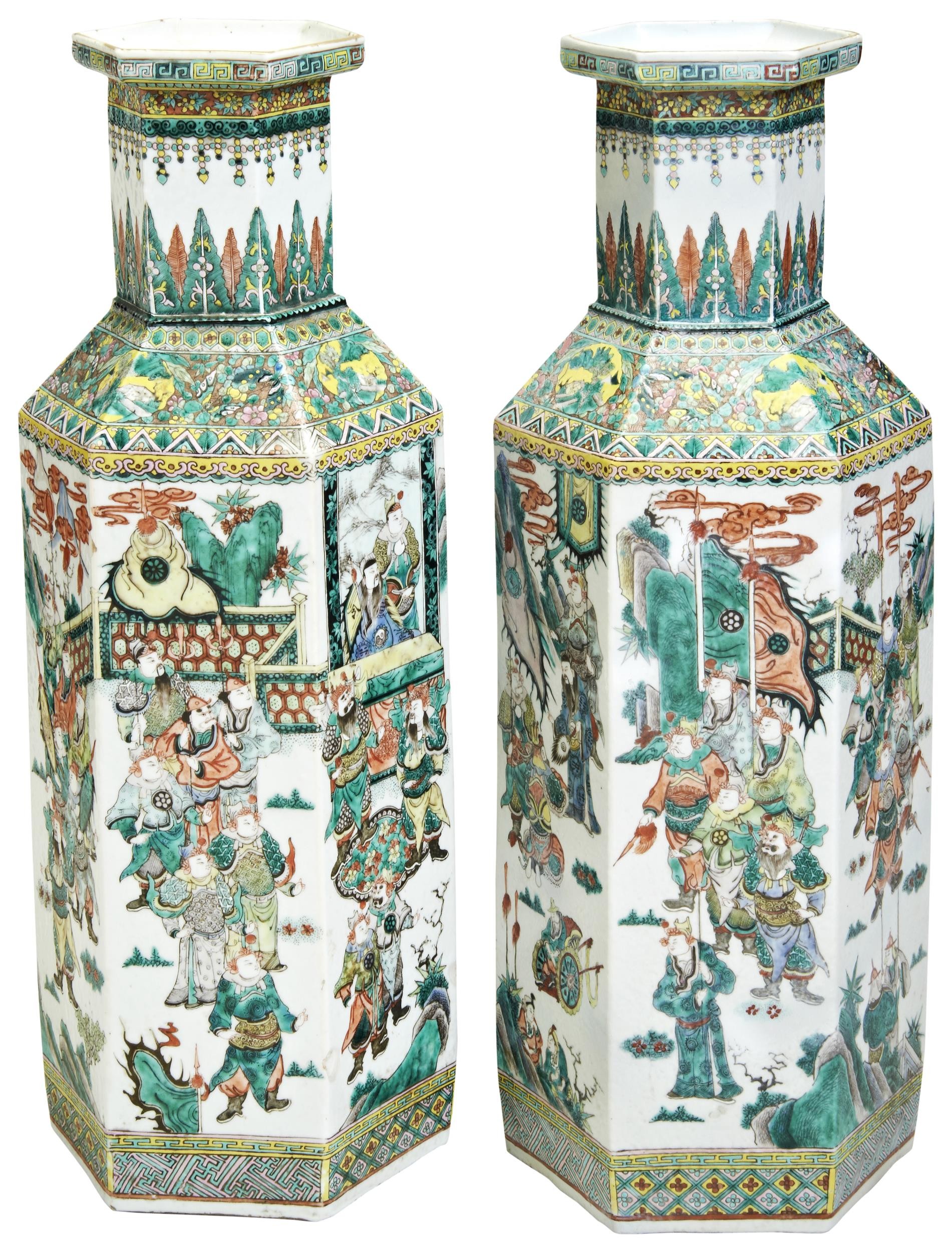 A LARGE PAIR  FAMILLE VERTE HEXAGONAL VASES QING DYNASTY, 19TH CENTURY the sides decorated with