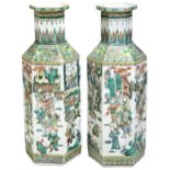 A LARGE PAIR  FAMILLE VERTE HEXAGONAL VASES QING DYNASTY, 19TH CENTURY the sides decorated with