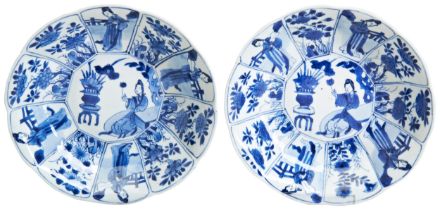A PAIR OF CHINESE PORCELAIN UNDERGLAZE BLUE AND WHITE DISHES WITH LOBED RIMS KANGXI PERIOD (1662-