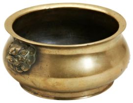 A SMALL BRONZE CENSER  17TH/18TH CENTURY the bulbous body applied with two finely cast lion-head