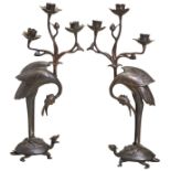 A PAIR OF BRONZE 'CRANE & TURTLE' CANDLESTICKS 19TH CENTURY 40cm high