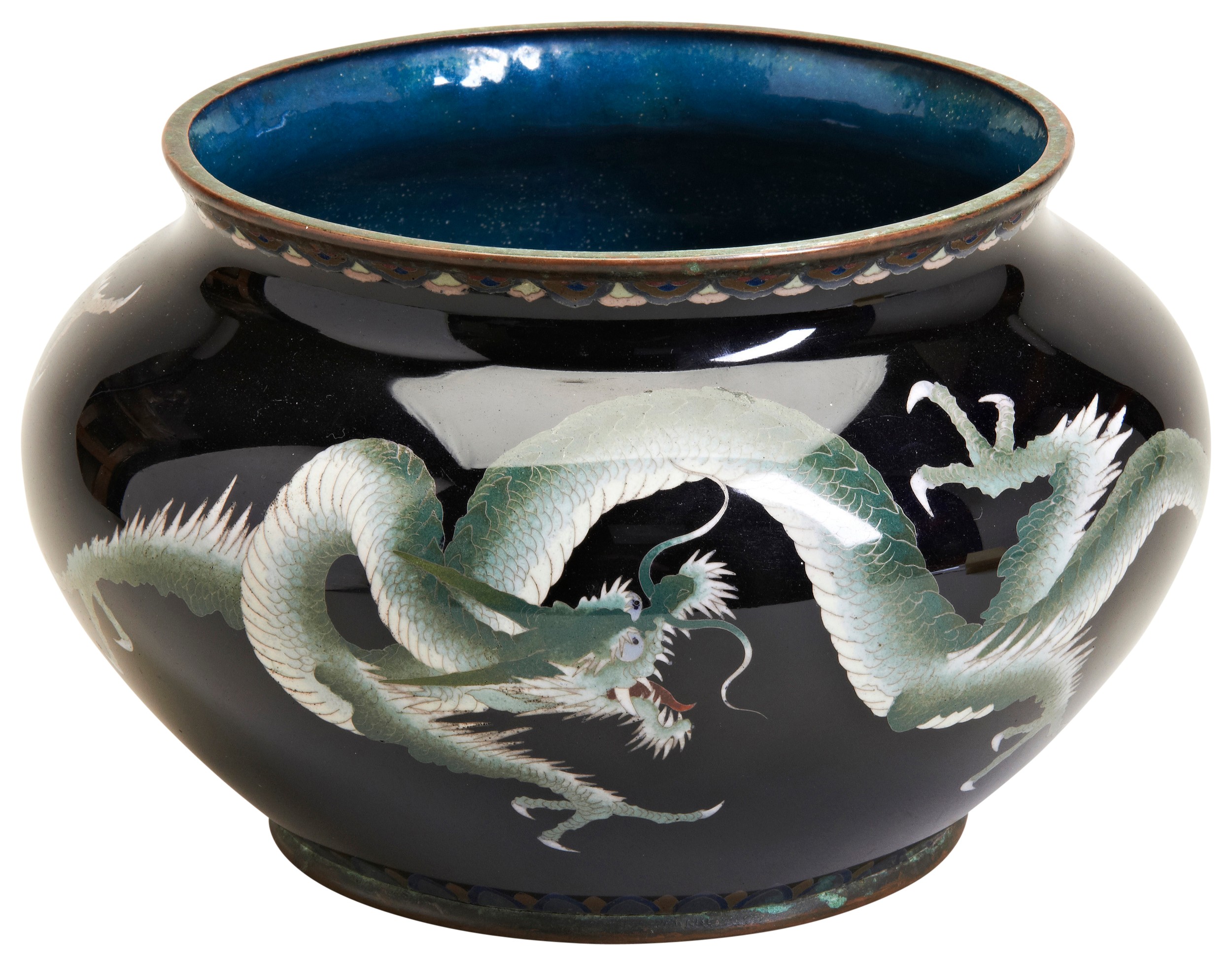 A FINE JAPANESE CLOISONNE 'DRAGON' BOWL MEIJI PERIOD (1868-1912) of compressed globular form, the