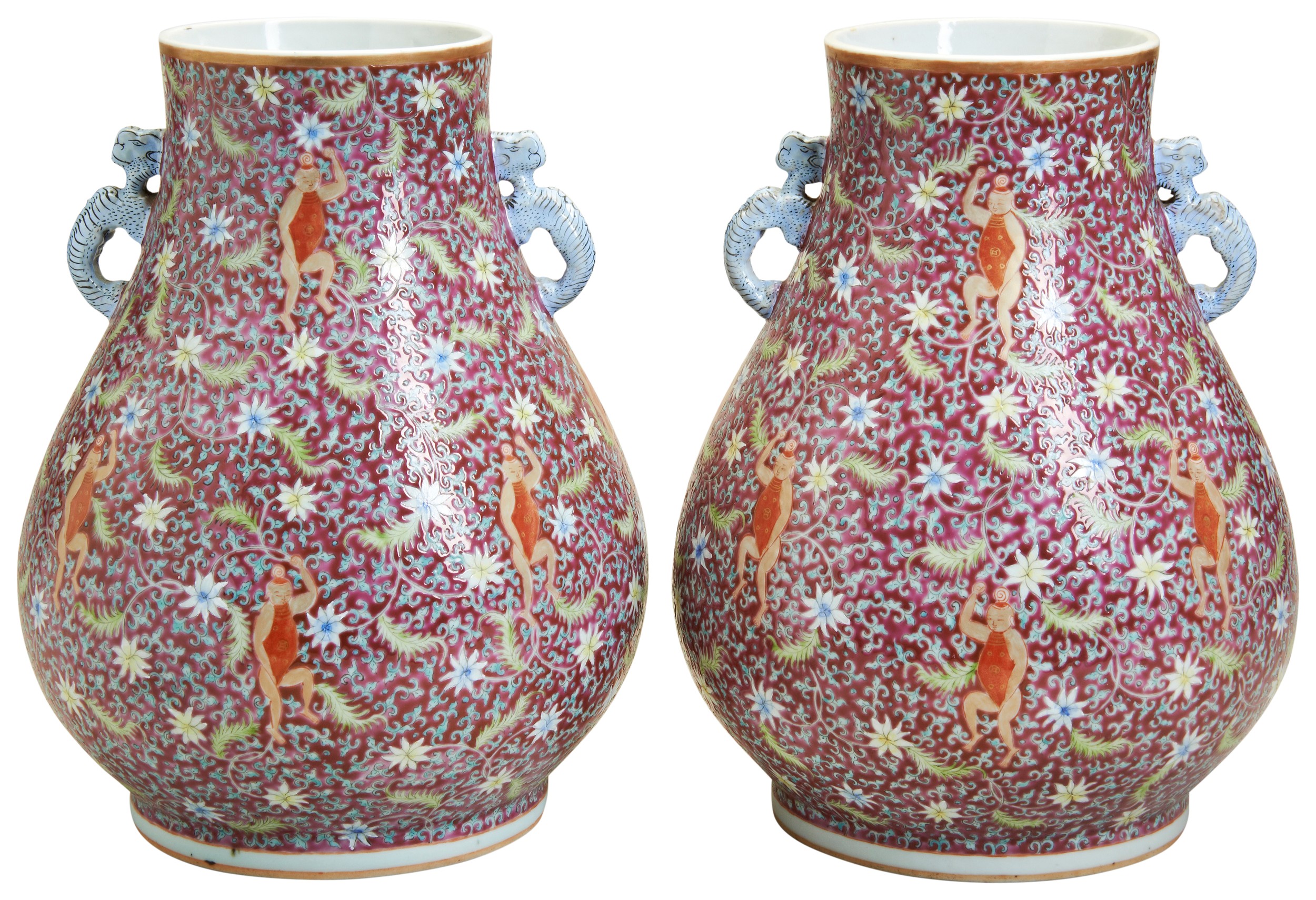 A PAIR OF FAMILLE ROSE PINK-GROUND 'BOYS' VASES, HU LATE QING / REPUBLIC PERIOD 清 粉彩童子持莲瓶一对 the