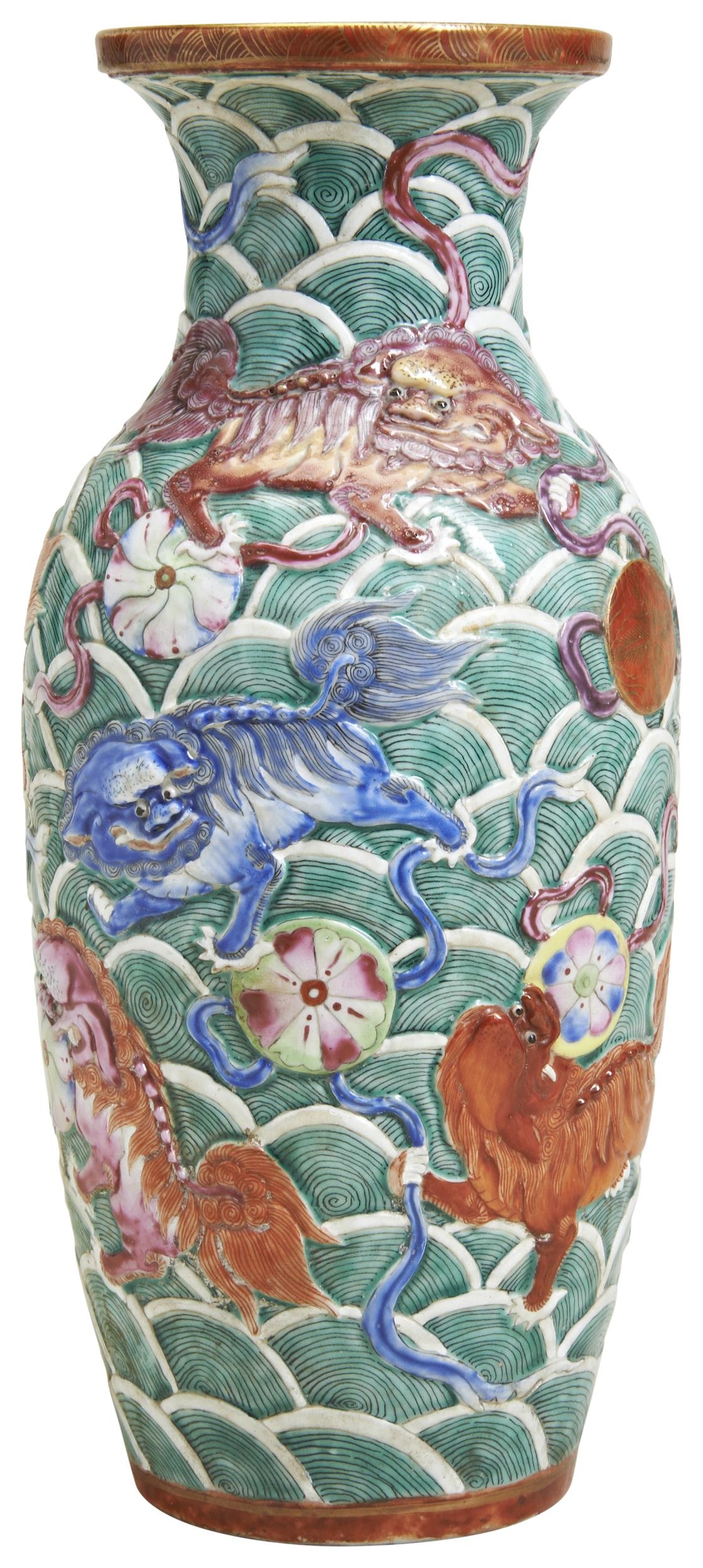 A MOULDED FAMILLE ROSE 'BUDDHIST-LION' BALUSTER VASE QING DYNASTY, 19TH CENTURY the sides