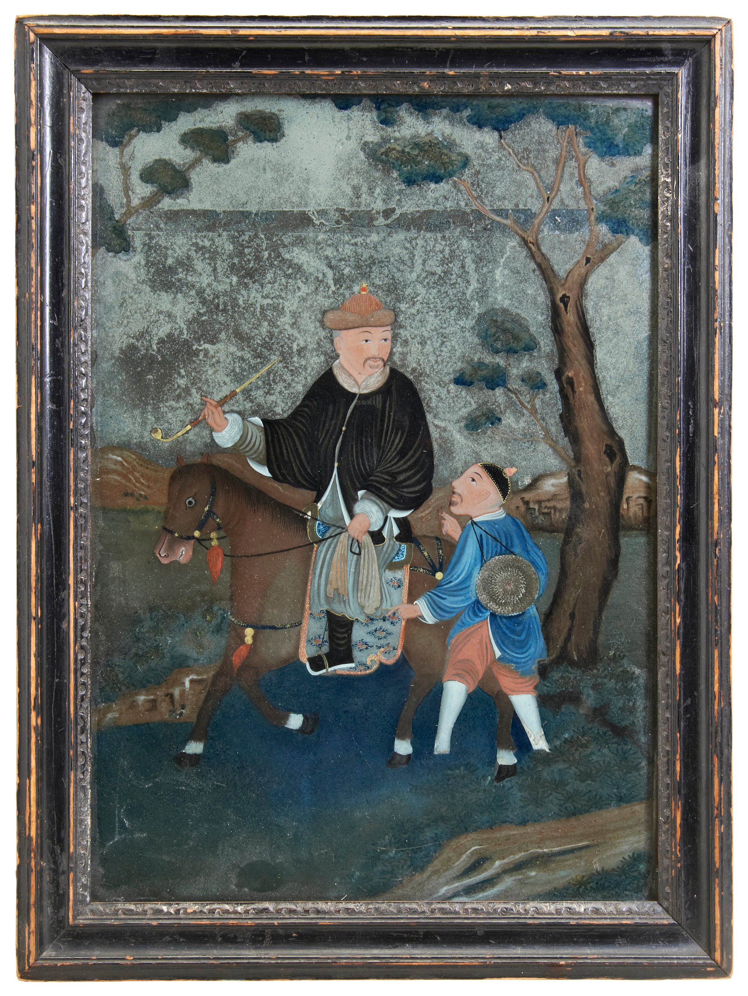 A CHINESE EXPORT REVERSE GLASS PAINTING QIANLONG PERIOD (1736-1795) depicting a local official on