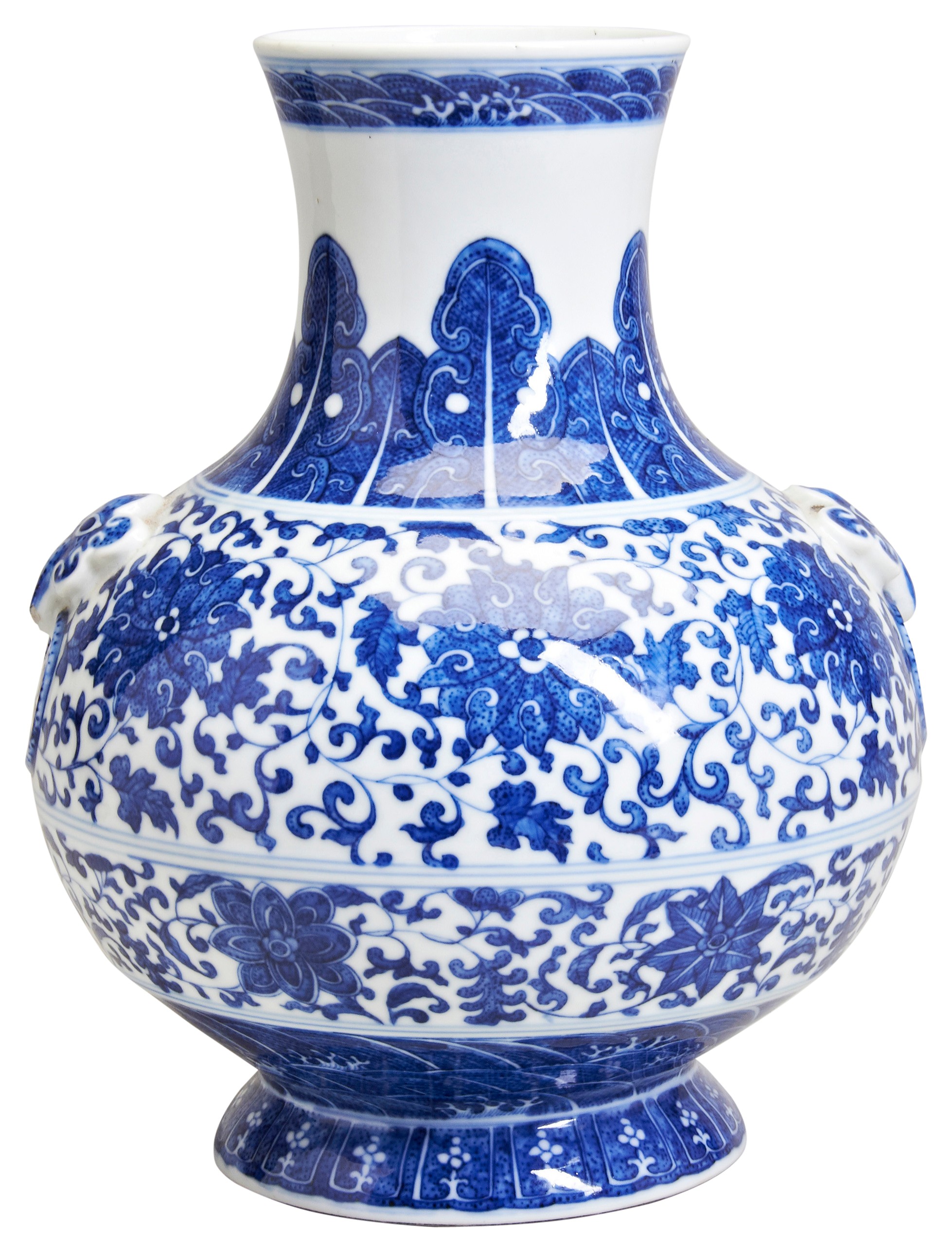 A MING-STYLE BLUE & WHITE 'LOTUS' VASE QING DYNASTY, 19TH CENTURY of compressed Hu-form, the sides