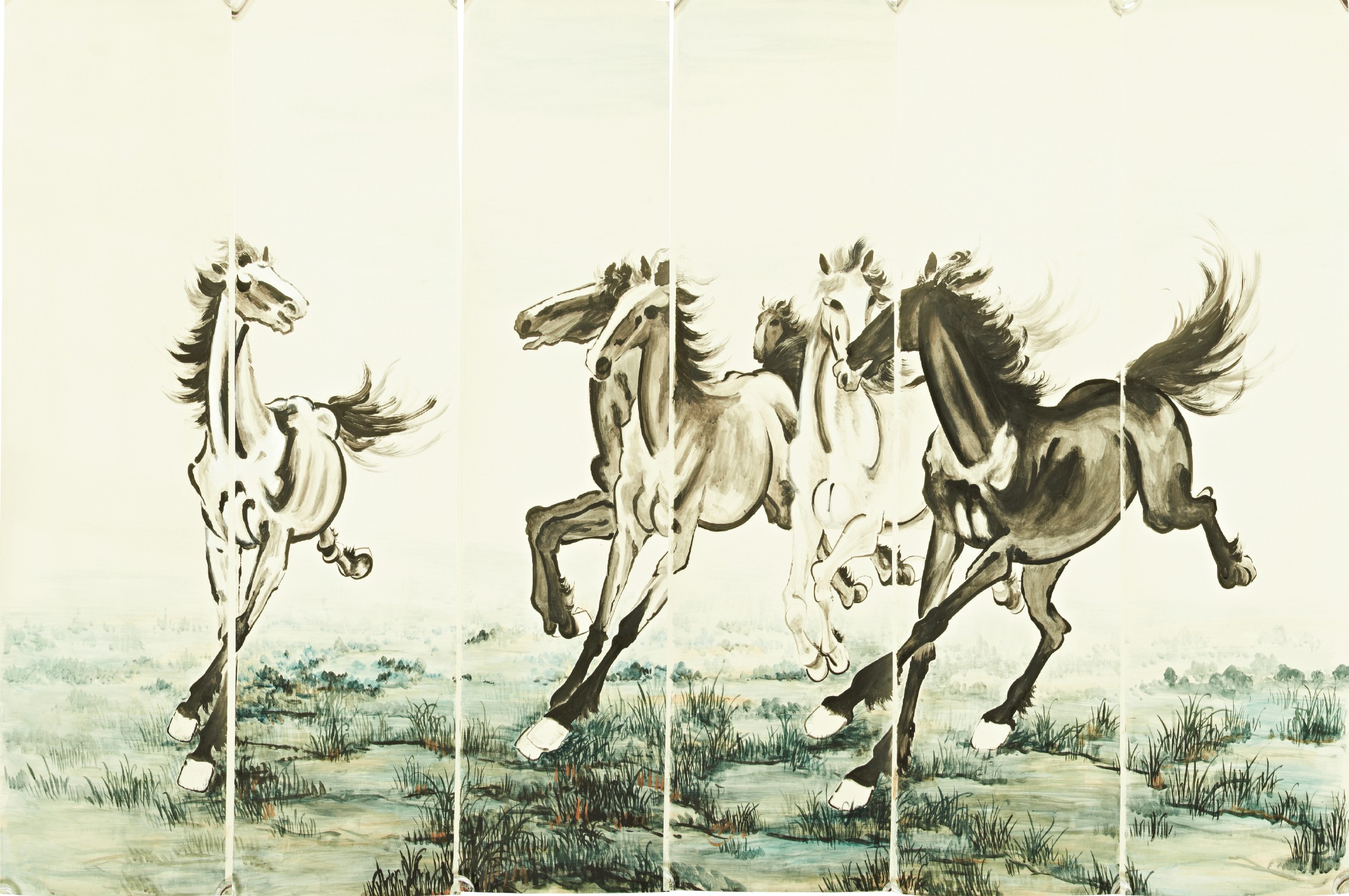 FOLLOWER OF XU BEIHONG (1895-1953); FOUR GALLOPING HORSES colour and ink on paper, six individual