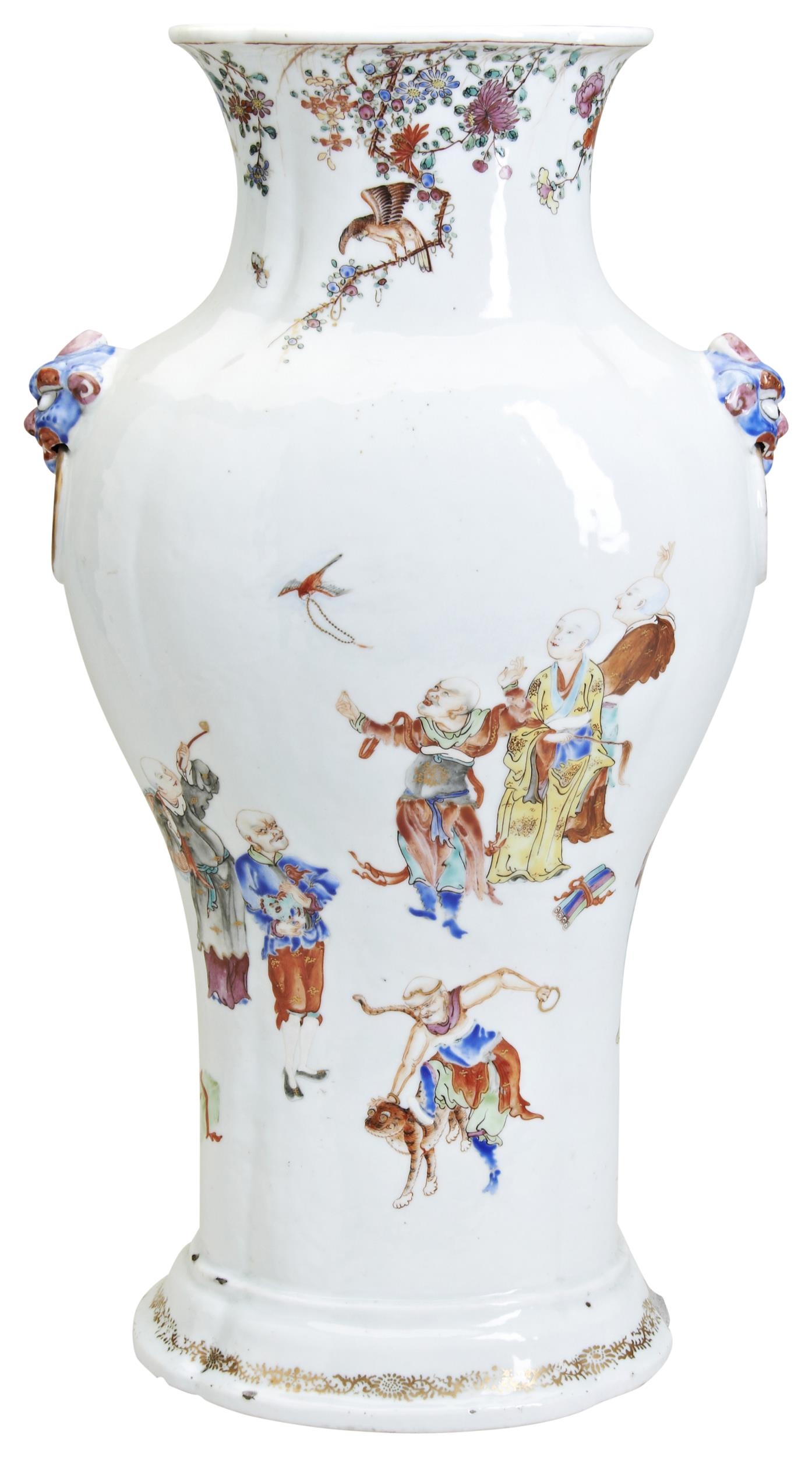 A LARGE FAMILLE ROSE BALUSTER VASE QIANLONG PERIOD (1736-1795) 清 乾隆粉彩 十八罗汉狮耳瓶 the moulded