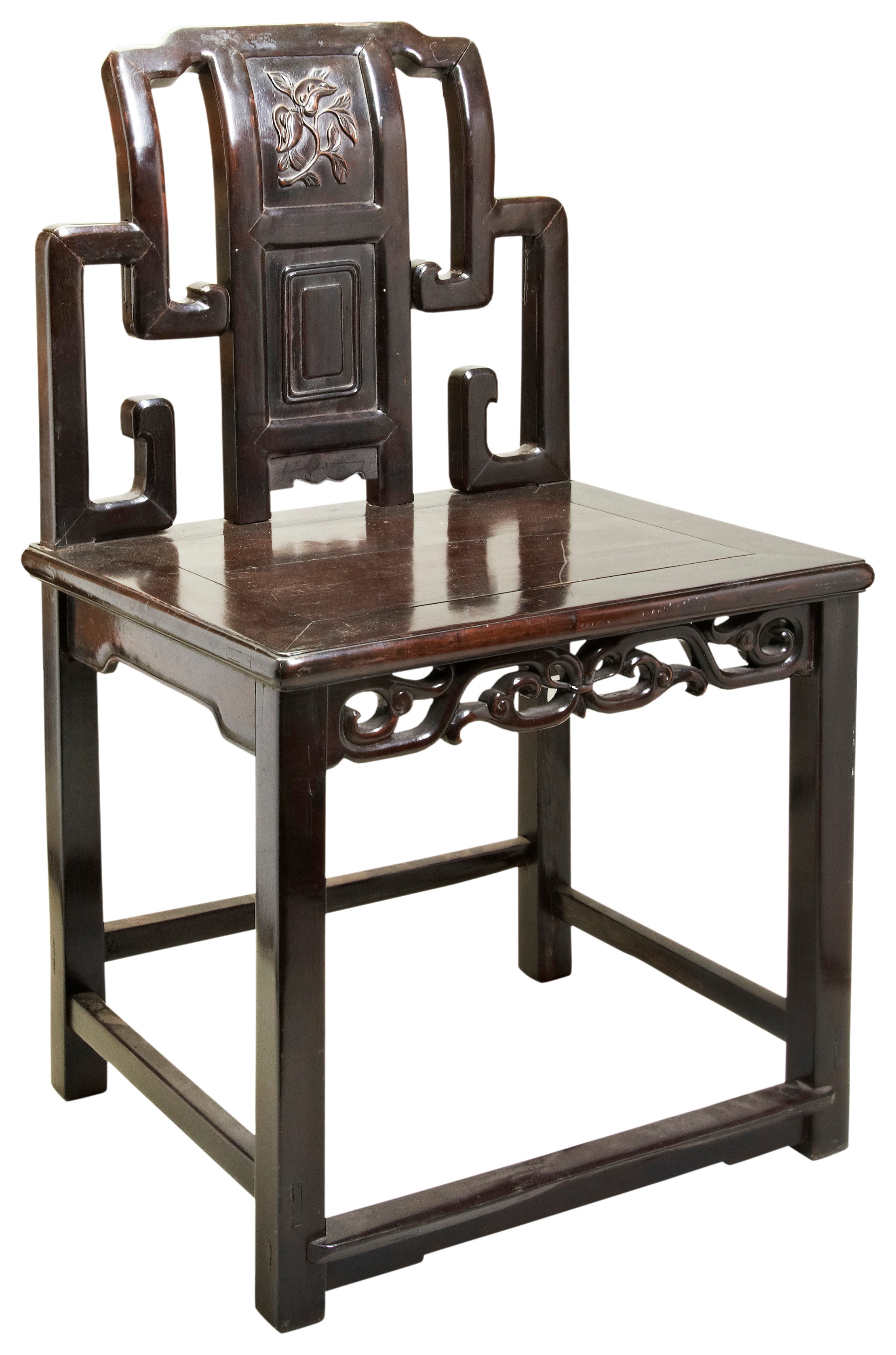 CARVED HUALI-HARDWOOD SIDE CHAIR LATE QING DYNASTY the shaped panel back carved with peaches, over a