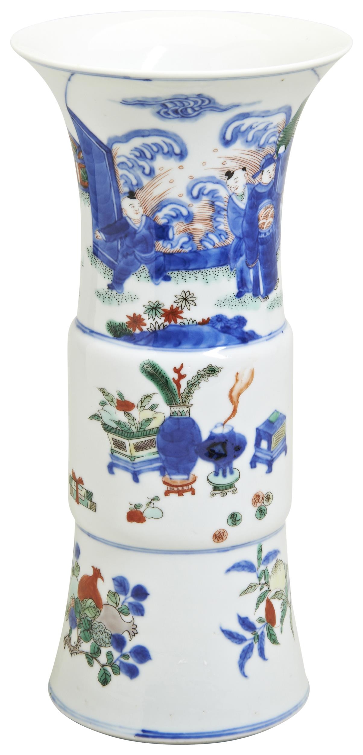 A WUCAI BEAKER VASE, GU 20TH CENTURY  decorated with underglaze blue and overglaze enamel, painted