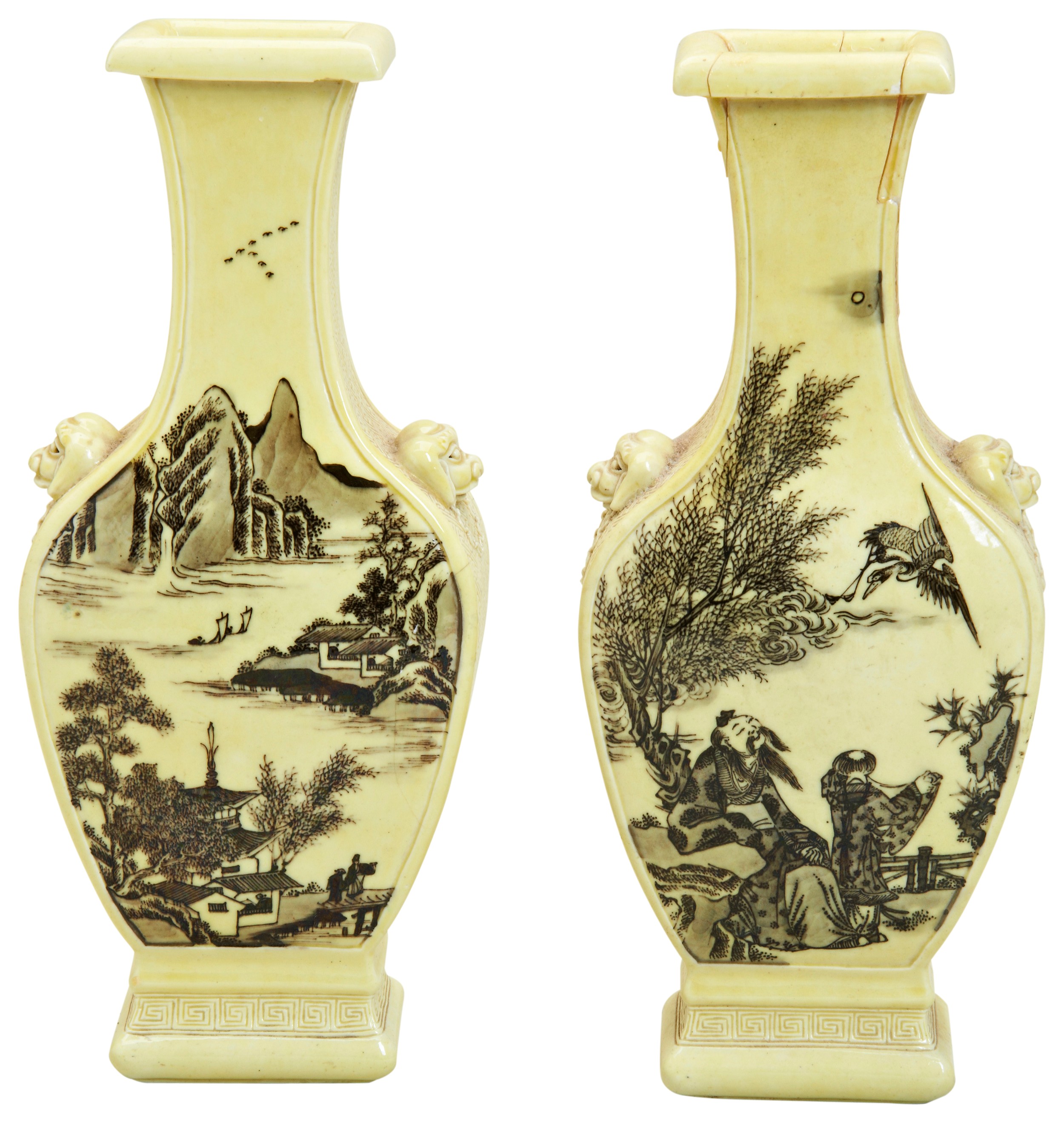 A PAIR OF LEMON-YELLOW AND GRISAILLE DECORATED VASES LATE QING DYNASTY of flattened baluster form