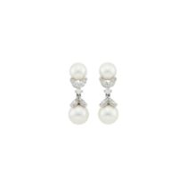 Tiffany & Co. Pair of Platinum, Cultured Pearl and Diamond 'Victoria' Pendant-Earrings