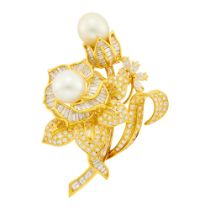 Gold, South Sea Cultured Pearl and Diamond Flower Clip-Brooch