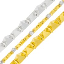 Pair of Two-Color Gold Pyramid Bracelets and Gold and Diamond Bracelet