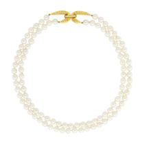 Double Strand Cultured Pearl, Gold and Diamond Necklace