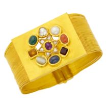 Multistrand Gold Wire, Diamond and Gem-Set Cuff Bracelet