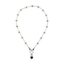 White Gold, Diamond, Ruby and Black Onyx Pendant-Necklace