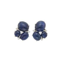 Seaman Schepps Pair of White Gold, Cabochon Sapphire and Diamond Earrings