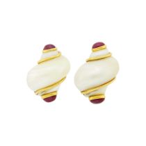 Seaman Schepps Pair of Gold, Shell and Cabochon Ruby 'Turbo Shell' Earrings