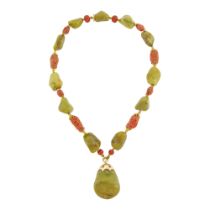 Verdura Gold, Green Agate and Sponge Coral Bead Pendant-Necklace