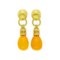 Elizabeth Locke Pair of Hammered Gold and Amber Pendant-Earclips