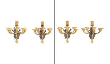 Set of Four French Ormolu and Patinated Bronze Five-Light Wall Lights