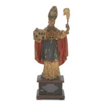 Continental Polychromed Figure of a Bishop Holding a Church