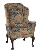 George II Needlework-Upholstered Walnut and Beech Wing Armchair