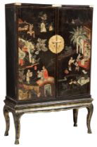 Chinese Polychrome-Painted Lacquer and Gilt-Metal-Mounted Cabinet on Stand