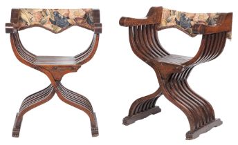 Assembled Pair of Italian Walnut Savonarola Armchairs