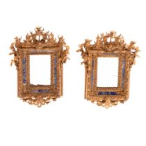 Pair of Italian Giltwood and Lapis Lazuli-Mounted Small Mirrors