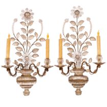 Pair of Maison Baguès Style Cut-Glass and Gilt- Metal Two-Light Sconces