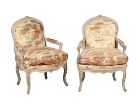 Pair of Louis XV Gray-Painted Fauteuils