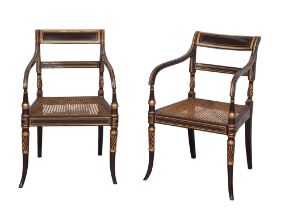 Pair of Regency Brown-Painted and Parcel-Gilt Armchairs