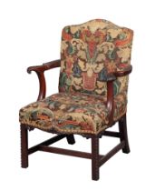 English Mahogany Needlework Upholstered Open Armchair