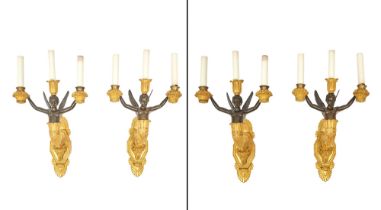 Set of Four Charles X Ormolu and Patinated-Bronze Two-Light Wall Lights