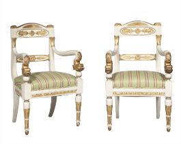 Pair of Continental Empire Painted and Parcel-Gilt Armchairs
