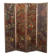 Continental Painted and Tooled Leather Four-Panel Screen