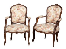 Pair of Louis XV Carved Walnut Fauteuils