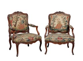 Pair of Louis XV Walnut Fauteuils