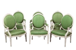 Set of Six Louis XVI Gray-Painted Fauteuils