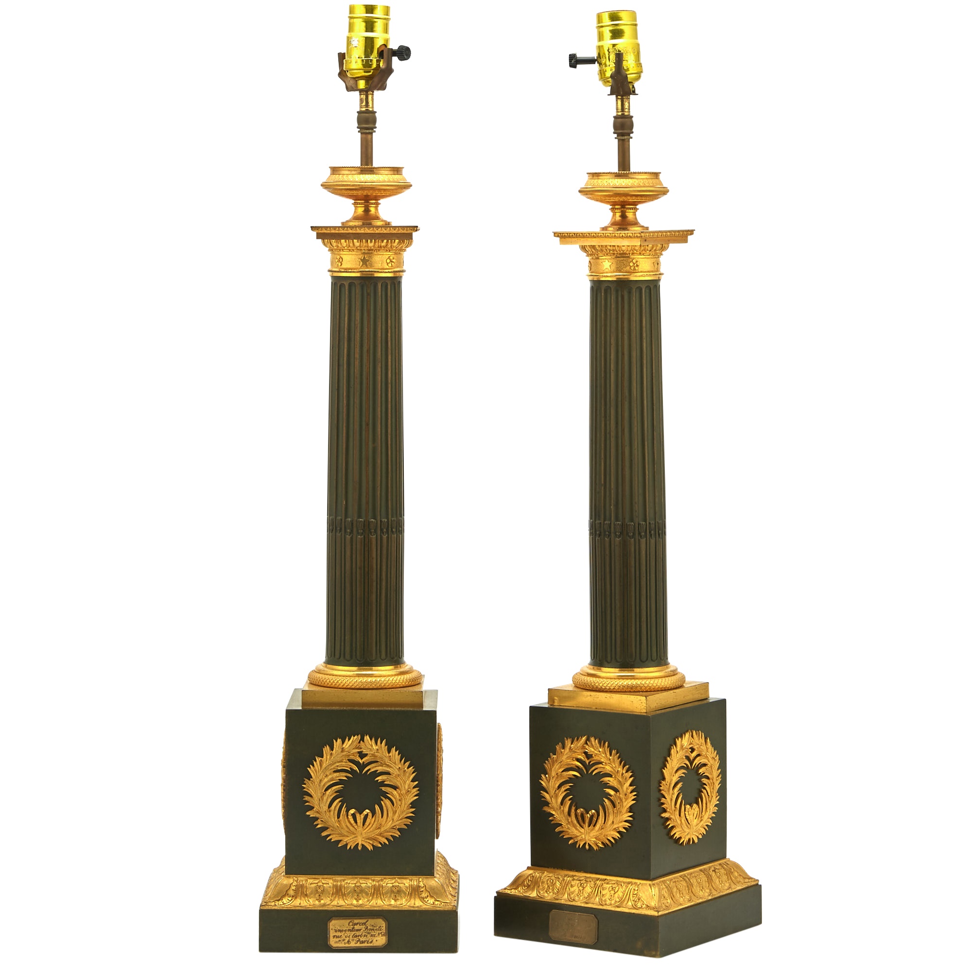 Pair of Restauration Patinated and Gilt-Bronze Carcel Lamps