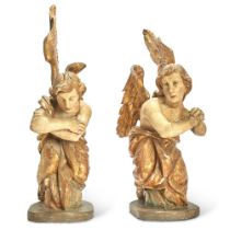 Pair of Italian Polychromed and Parcel-Gilt Carved Wood Figures of Angels