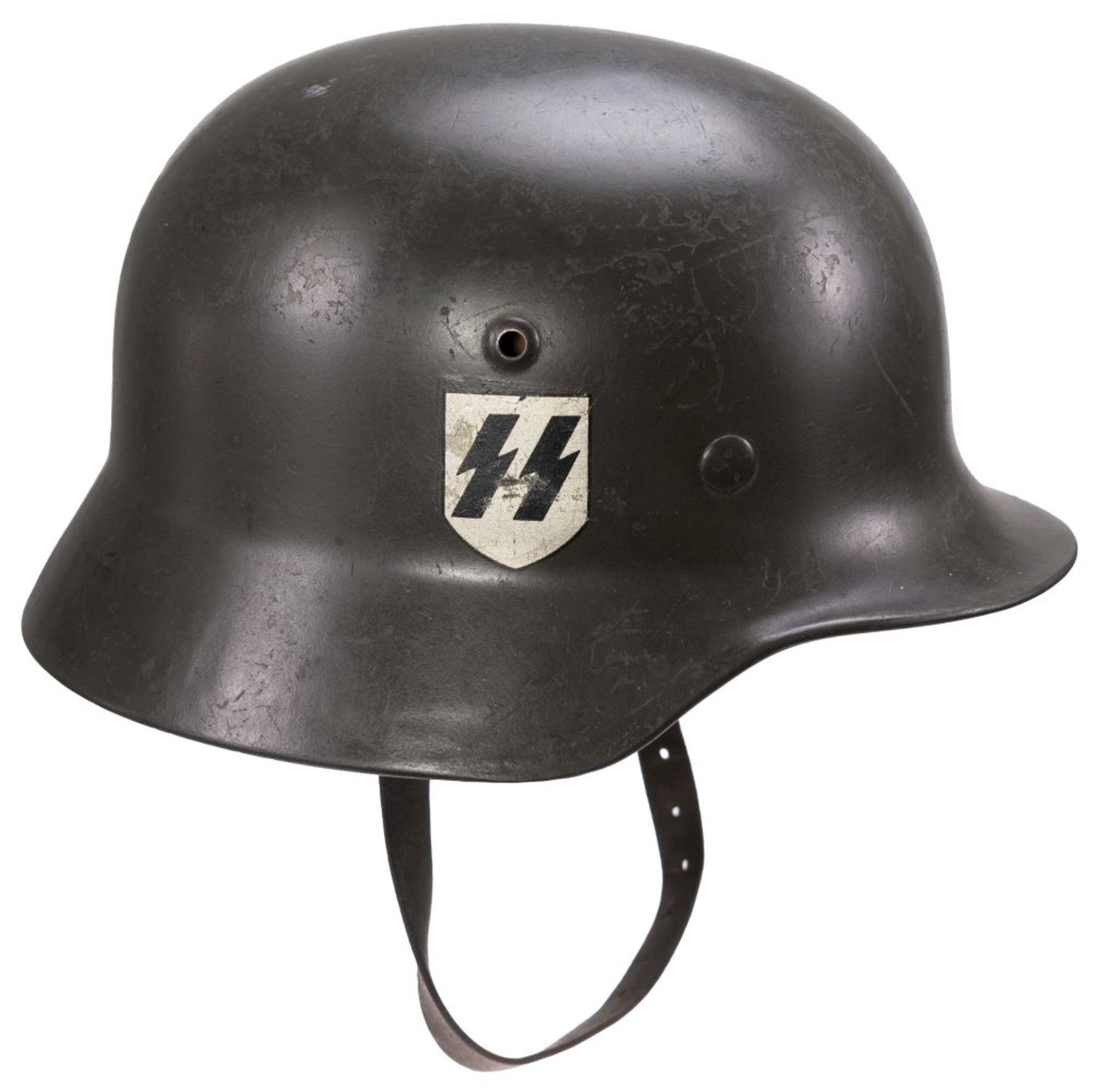 Waffen-SS, Stahlhelm M35 mit beiden Emblemen, grün lackierte Glocke, links die SS-Runen zu über