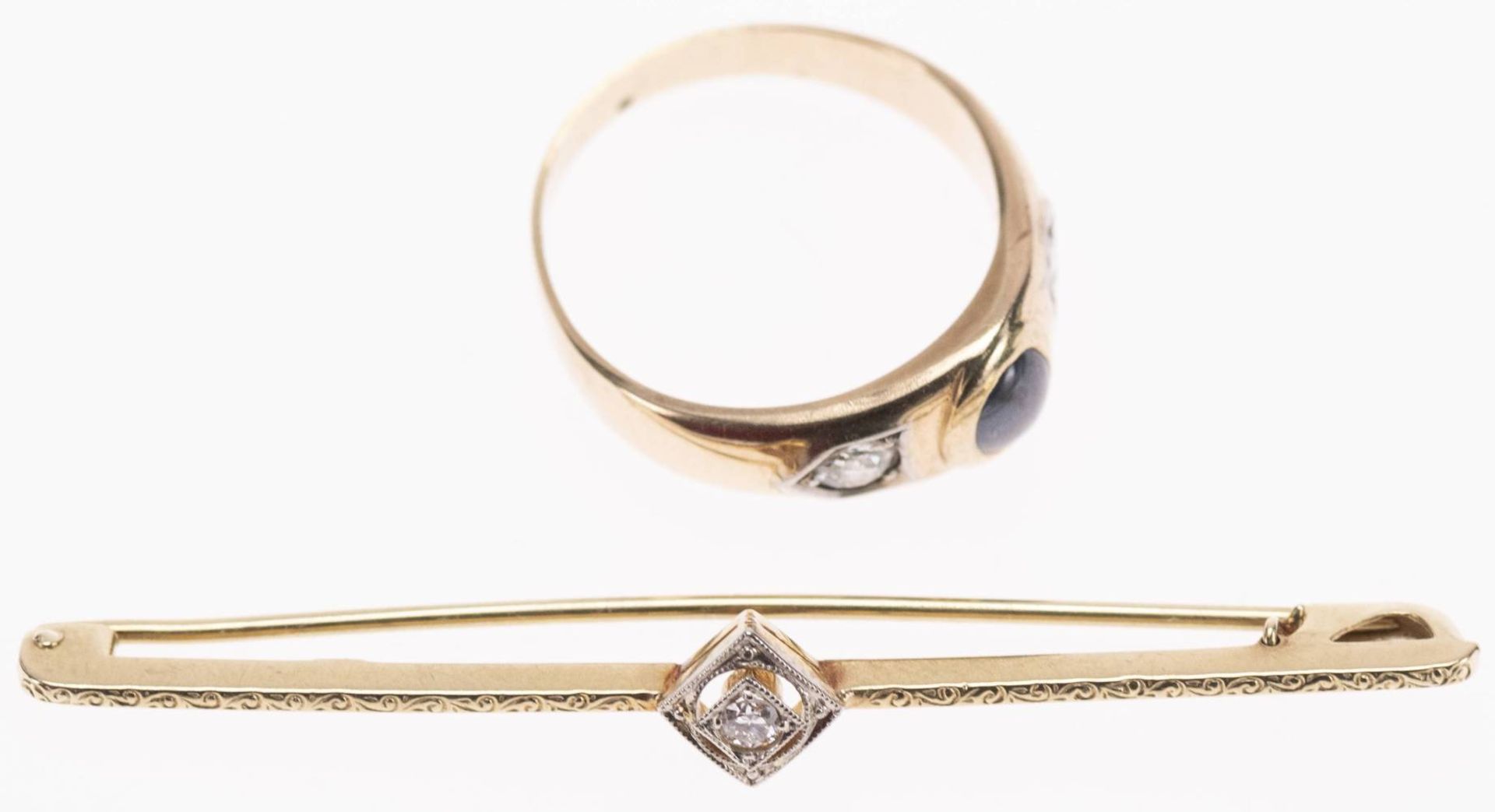 Lot, Krawattennadel 585 Gold, 1 Brillant ca. 0,15ct, ca. 1,37g und ein Farbstein Brillanten Ring, - Image 3 of 4